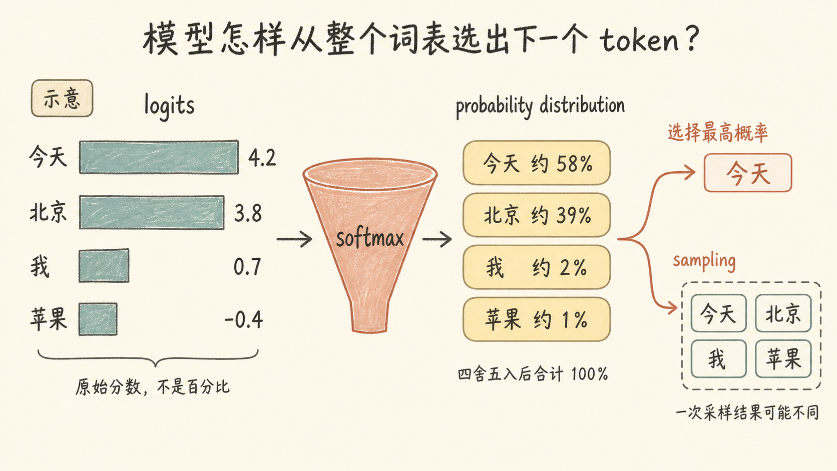 logits 经过 softmax 变成概率分布，再选择或采样下一个 token