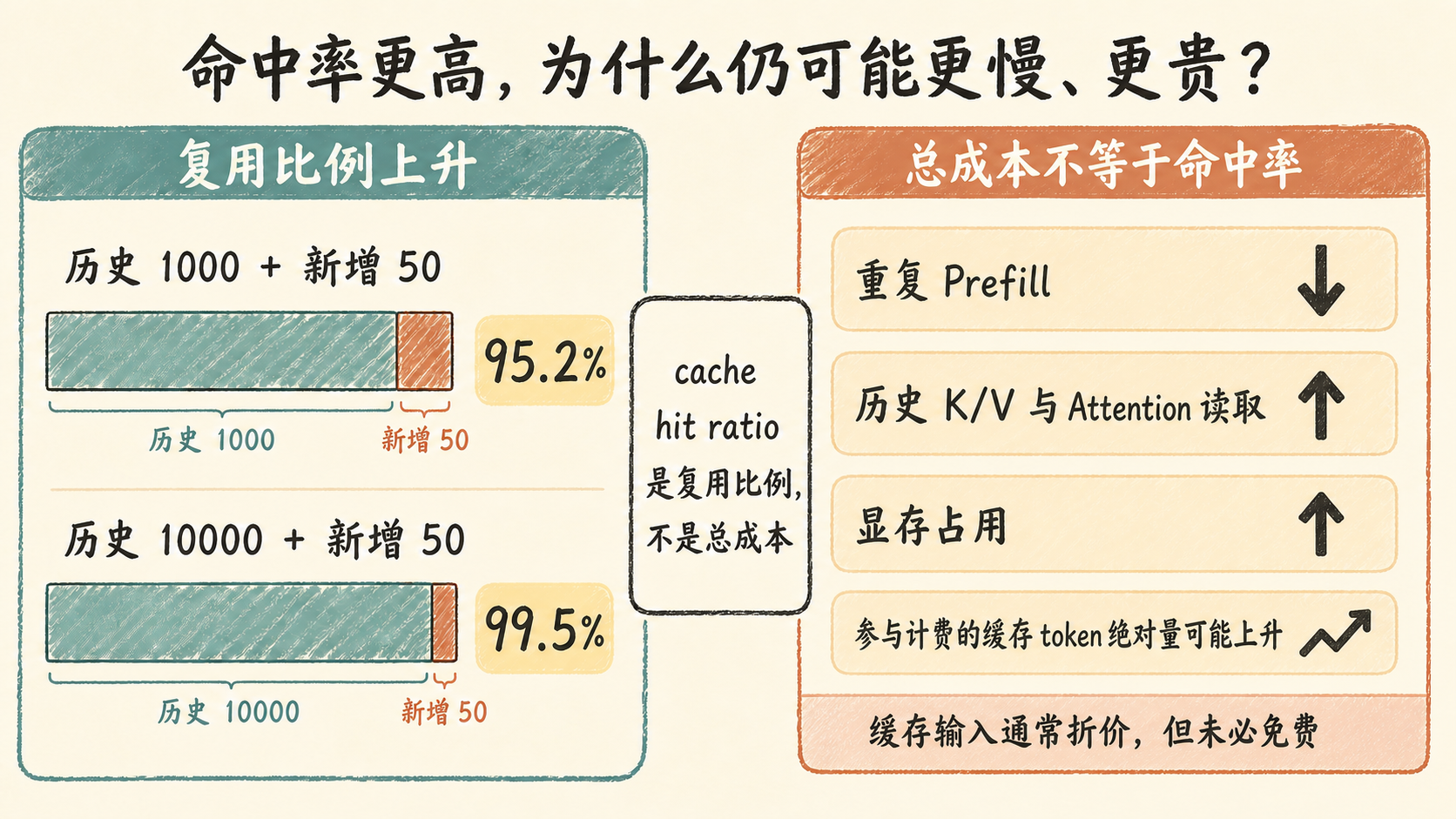 缓存命中率上升时，重复 Prefill 下降，但历史读取、显存占用和参与计费的缓存 token 绝对量仍可能上升
