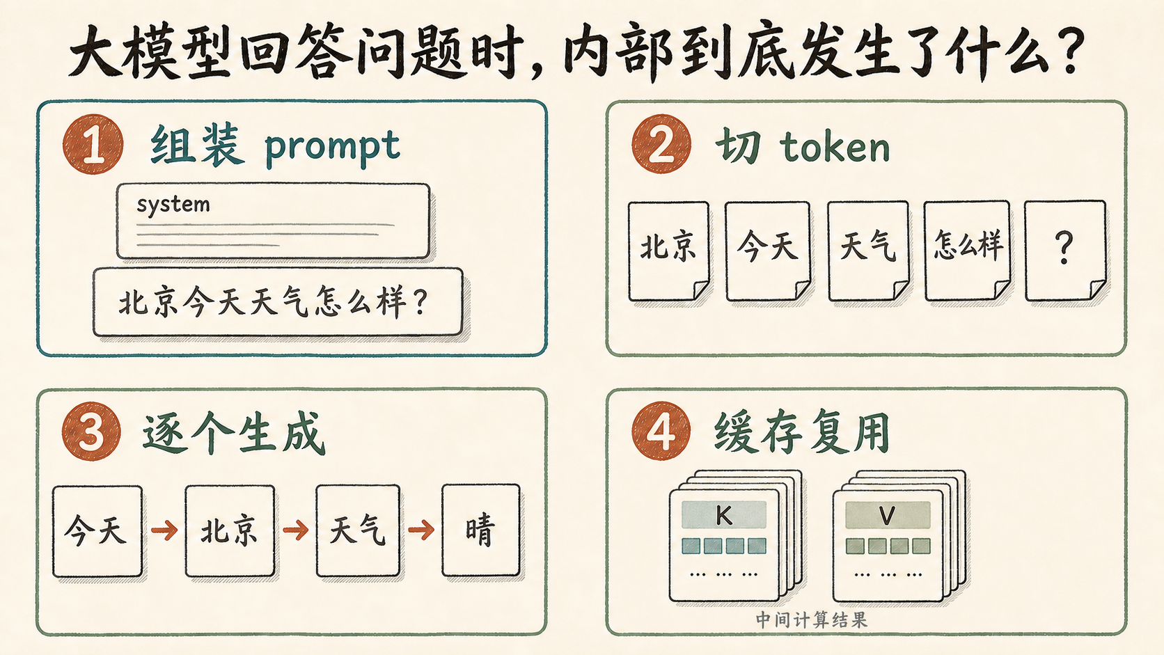大模型回答问题时的四个关键阶段：组装 prompt、切 token、逐个生成和缓存复用